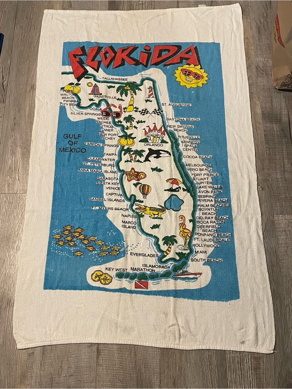 Vintage Florida Map Graphic Beach Towel - Bright Blue & White